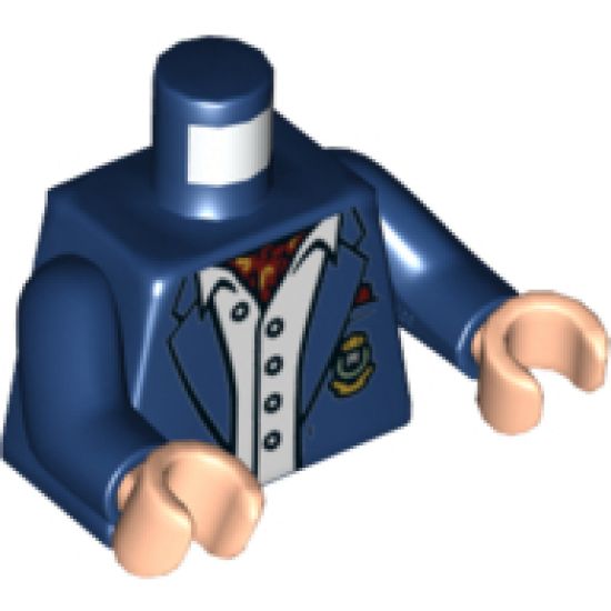 Torso Batman Suit Jacket, Light Blue Button Down Shirt Open Collar, Red Ascot, Gold Monogram Pattern / Dark Blue Arms / Light Nougat Hands