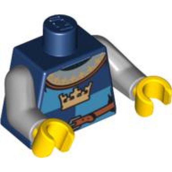 Torso Castle Fantasy Era Gold Crown on Dark Blue, Medium Blue Quarters, Collar Pattern / Light Bluish Gray Arms / Yellow Hands