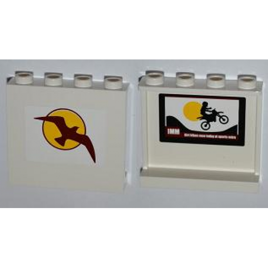 Panel 1 x 4 x 3 with Side Supports - Hollow Studs with Bird and Sun on Outside and Motorcycle on Inside Pattern (Stickers) - Set 4435