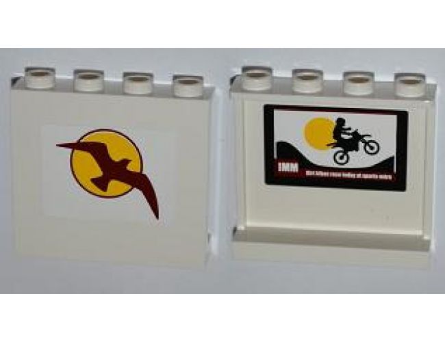 Panel 1 x 4 x 3 with Side Supports - Hollow Studs with Bird and Sun on Outside and Motorcycle on Inside Pattern (Stickers) - Set 4435