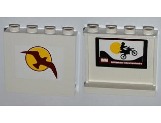 Panel 1 x 4 x 3 with Side Supports - Hollow Studs with Bird and Sun on Outside and Motorcycle on Inside Pattern (Stickers) - Set 4435