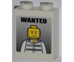 Brick 1 x 2 x 2 with Inside Stud Holder with 'WANTED' and Jail Prisoner Minifigure Pattern (Sticker) - Set 7288