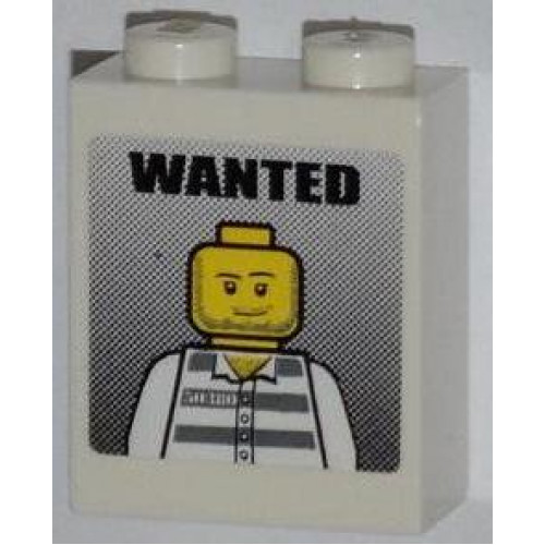 Brick 1 x 2 x 2 with Inside Stud Holder with 'WANTED' and Jail Prisoner Minifigure Pattern (Sticker) - Set 7288