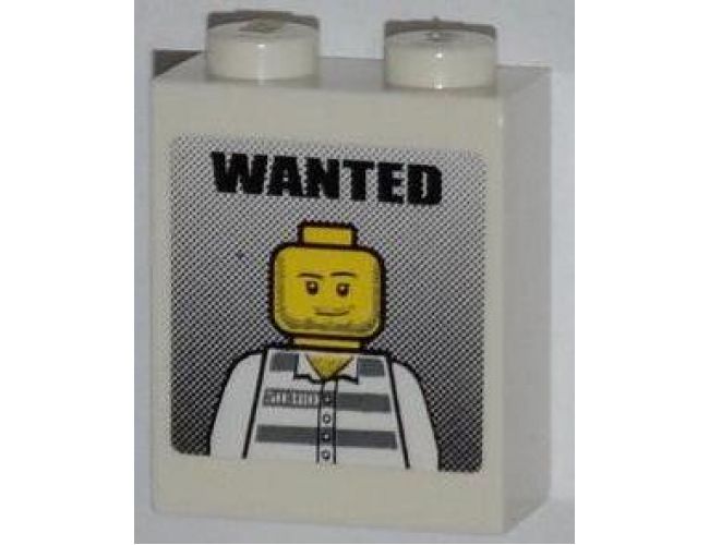 Brick 1 x 2 x 2 with Inside Stud Holder with 'WANTED' and Jail Prisoner Minifigure Pattern (Sticker) - Set 7288