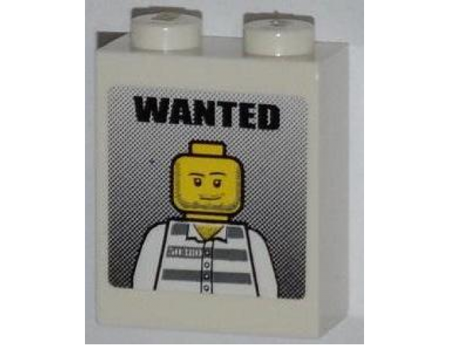Brick 1 x 2 x 2 with Inside Stud Holder with 'WANTED' and Jail Prisoner Minifigure Pattern (Sticker) - Set 7288