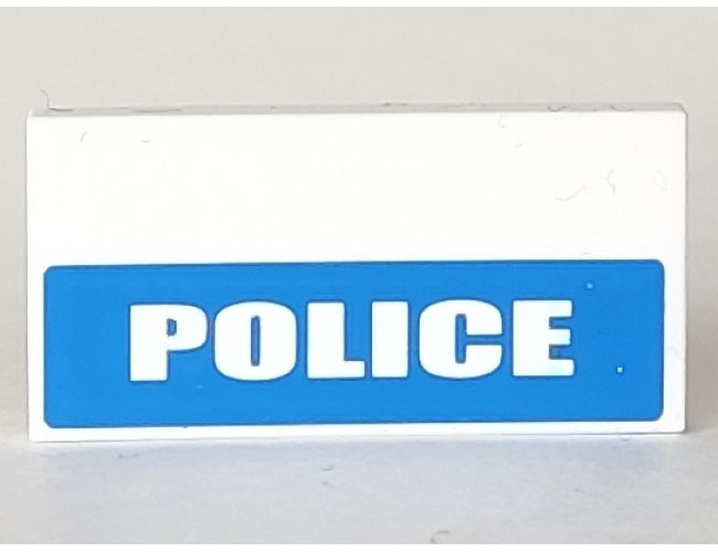 Tile 2 x 4 with White 'POLICE' on Blue Background Half Height Pattern (Sticker) - Set 7288