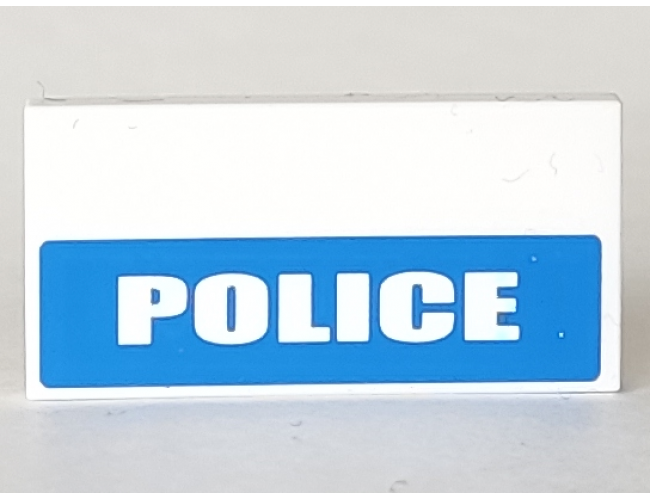 Tile 2 x 4 with White 'POLICE' on Blue Background Half Height Pattern (Sticker) - Set 7288