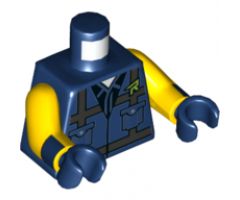 Torso Safety Vest with Reflective Crossed Stripes over Black Shirt and Lime Letter R Pattern / Yellow Arms with Dark Blue Cuff / Dark Blue Hands
