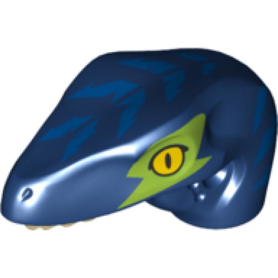 Animal, Body Part Dinosaur Head Raptor with Pin Hole, Tan Teeth and Blue Stripes and Lime Eye Patch Pattern