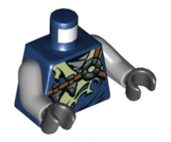 Torso Ninjago Robe Tattered Yellowish Green Collar, Reddish Brown Straps, Silver Arrowheads Pattern / Light Bluish Gray Arms / Black Hands