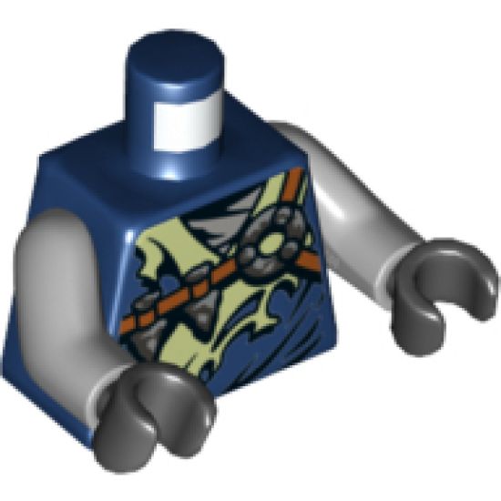 Torso Ninjago Robe Tattered Yellowish Green Collar, Reddish Brown Straps, Silver Arrowheads Pattern / Light Bluish Gray Arms / Black Hands
