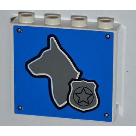 Panel 1 x 4 x 3 with Side Supports - Hollow Studs with Dog Head and Silver Police Badge on Blue Background Pattern (Sticker) - Set 4441