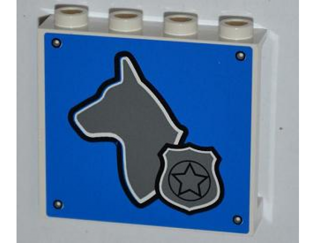 Panel 1 x 4 x 3 with Side Supports - Hollow Studs with Dog Head and Silver Police Badge on Blue Background Pattern (Sticker) - Set 4441