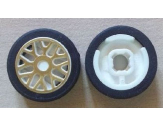 Wheel & Tire Assembly 11mm D. x 6mm with 8 'Y' Spokes with Gold Outline Pattern with Black Tire 14mm D. x 6mm Solid Smooth (93595pb01 / 50945)