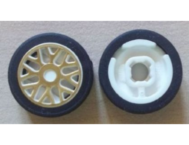 Wheel & Tire Assembly 11mm D. x 6mm with 8 'Y' Spokes with Gold Outline Pattern with Black Tire 14mm D. x 6mm Solid Smooth (93595pb01 / 50945)