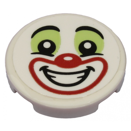 Tile, Round 2 x 2 with Bottom Stud Holder with Clown Face with Yellowish Green Eye Shadow and Red Nose and Mouth Pattern (Sticker) - Set 70432