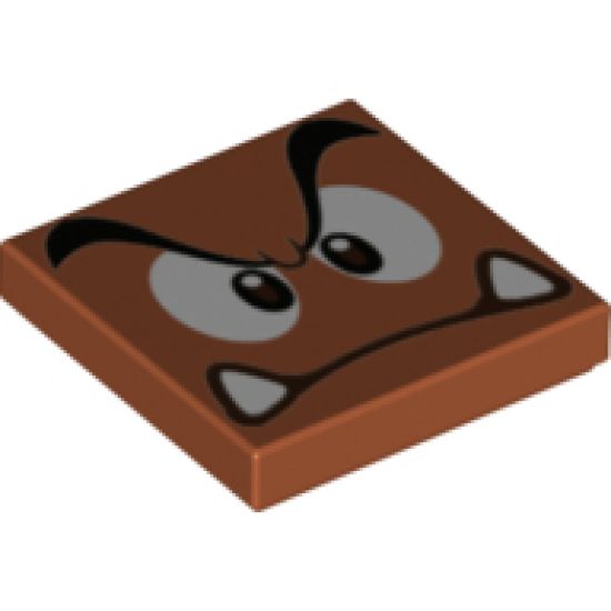 Tile 2 x 2 with Black Eyebrows, Dark Brown and White Eyes Looking Straight, Angry Frown with Bottom Fangs Pattern (Super Mario Goomba Face)