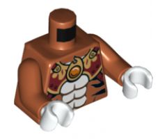 Torso Black Bare Chest with Tiger Stripes, Dark Red and Gold Armor with Straps and Fire Chi Emblem Pattern / Dark Orange Arms / White Hands