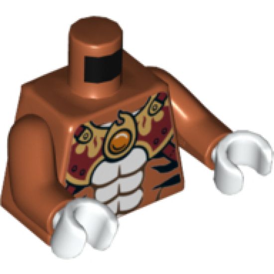 Torso Black Bare Chest with Tiger Stripes, Dark Red and Gold Armor with Straps and Fire Chi Emblem Pattern / Dark Orange Arms / White Hands