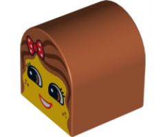 Duplo, Brick 2 x 2 x 2 Curved Top with Girl Face, Red Lips, Open Smile, Freckles, Dark Orange Hair with Polka Dot Bow Pattern