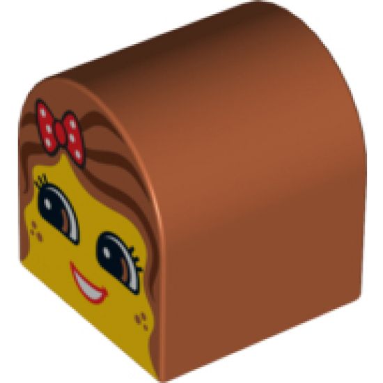 Duplo, Brick 2 x 2 x 2 Curved Top with Girl Face, Red Lips, Open Smile, Freckles, Dark Orange Hair with Polka Dot Bow Pattern