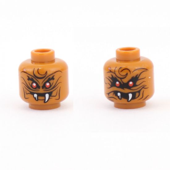 Minifigure, Head Dual Sided Alien Snake with Black Wavy Lines, 2 Red Eyes and 2 White Fangs, Narrow Eyes / Wide Eyes, Open Mouth Pattern - Hollow Stud