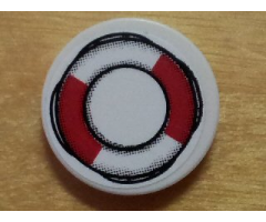 Tile, Round 2 x 2 with Red and White Life Preserver on Rope Outline Pattern (Sticker) - Set 8426