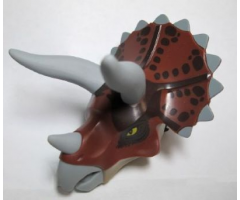 Animal, Body Part Dinosaur Head Triceratops with Pin, Light Bluish Gray Horns and Beak, Reddish Brown Top with Dark Brown Pattern