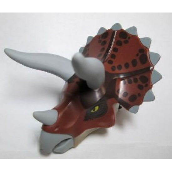 Animal, Body Part Dinosaur Head Triceratops with Pin, Light Bluish Gray Horns and Beak, Reddish Brown Top with Dark Brown Pattern
