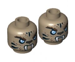 Minifigure, Head Dual Sided Alien Chima Tiger with Fur, Fangs, Light Blue Eyes and Black Stripes, Neutral / Angry Pattern (Strainor) - Hollow Stud