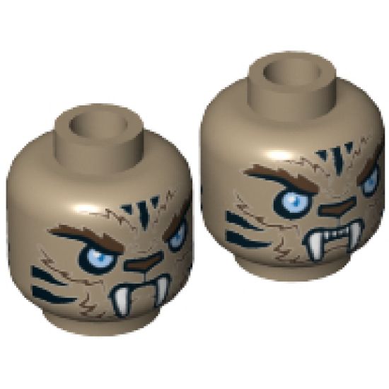 Minifigure, Head Dual Sided Alien Chima Tiger with Fur, Fangs, Light Blue Eyes and Black Stripes, Neutral / Angry Pattern (Strainor) - Hollow Stud