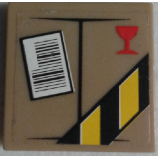 Tile 2 x 2 with Parcel with Red Fragile Goblet, Barcode and Black and Yellow Danger Stripes on Transparent Background Pattern (Sticker) - Set 60022