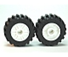 Wheel & Tire Assembly 18mm D. x 14mm with Pin Hole, Fake Bolts and Shallow Spokes with Black Tire 30.4 x 14 Offset Tread - Band Around Center of Tread (55981 / 92402)