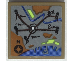 Tile 2 x 2 with Map with Black Strings, Pins, Letter N, and Compass Rose, Medium Nougat Land, Blue Water Pattern (Sticker) - Set 70425