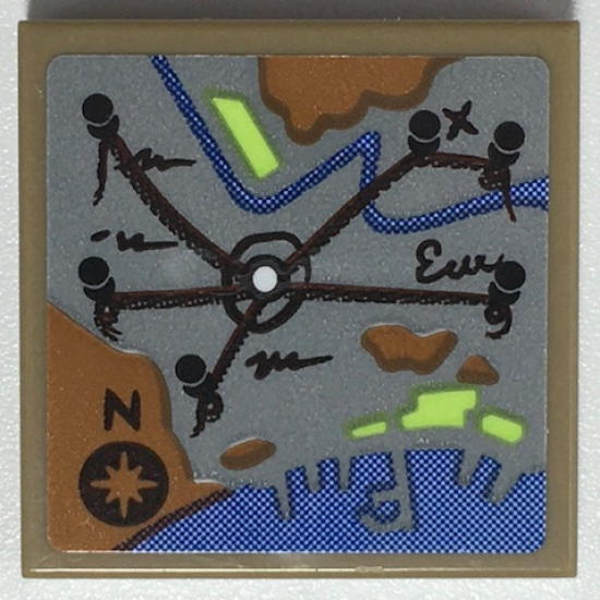 Tile 2 x 2 with Map with Black Strings, Pins, Letter N, and Compass Rose, Medium Nougat Land, Blue Water Pattern (Sticker) - Set 70425