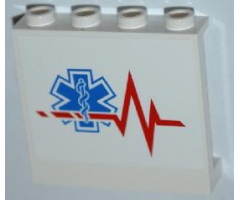 Panel 1 x 4 x 3 with Side Supports - Hollow Studs with Red Heart Monitor Line and EMT Star of Life Pattern Model Right Side (Sticker) - Set 4429