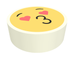 Tile, Round 1 x 1 with Emoji, Bright Light Yellow Face, Black Eyebrows, Coral Heart Eyes, and '3' Puckered Lips Pattern
