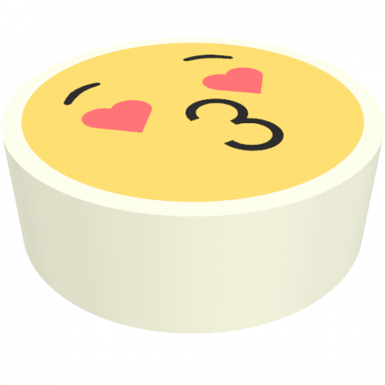 Tile, Round 1 x 1 with Emoji, Bright Light Yellow Face, Black Eyebrows, Coral Heart Eyes, and '3' Puckered Lips Pattern