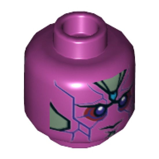 Minifigure, Head Alien with Dark Azure Spot on Forehead, Dark Purple Eyes and Lines and Sand Green Panels Pattern (Vision) - Hollow Stud
