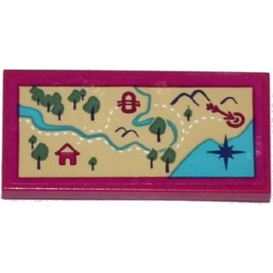 Tile 2 x 4 with Map with Mountains, River, Trees, Hut, Raft and Arrow Pattern (Sticker) - Set 41122