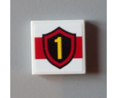 Tile 2 x 2 with Yellow Number 1 Fire Logo Badge on Red Stripe Pattern (Sticker) - Set 60004