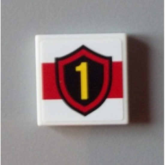 Tile 2 x 2 with Yellow Number 1 Fire Logo Badge on Red Stripe Pattern (Sticker) - Set 60004