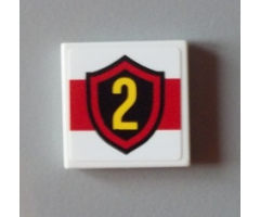 Tile 2 x 2 with Yellow Number 2 Fire Logo Badge on Red Stripe Pattern (Sticker) - Set 60004