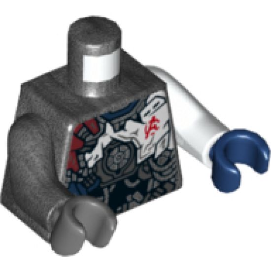 Torso Black, Dark Red, and Dark Blue Armor with Red Avengers Logo Pattern (Ultron MK1) / White Arm Left / Pearl Dark Gray Arm Right / Dark Blue Hand Left / Dark Bluish Gray Hand Right