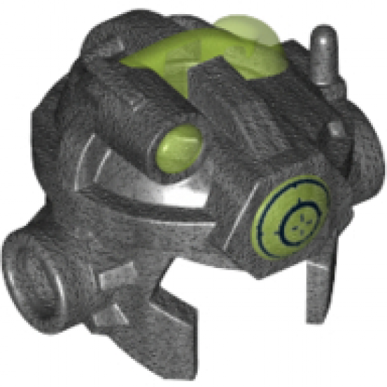 Minifigure, Headgear Helmet Open Chin with Antenna, Studs on Sides and Trans-Bright Green Top, Front Light and Target Screen Pattern
