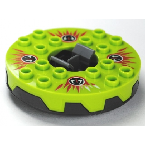 Turntable 6 x 6 Round Base Serrated with Lime Top and Red, White and Black Fangpyre Pattern (Ninjago Spinner)