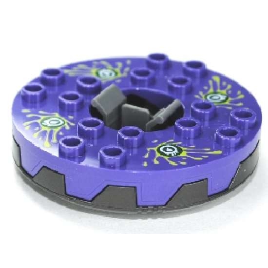 Turntable 6 x 6 Round Base Serrated with Dark Purple Top and Lime, White and Dark Green Venomari Pattern (Ninjago Spinner)