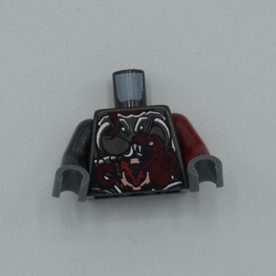 Torso Ninjago Female Armor with Clock and Dark Red Snakes Pattern / Dark Red Arm Left / Pearl Dark Gray Arm Right / Dark Bluish Gray Hands