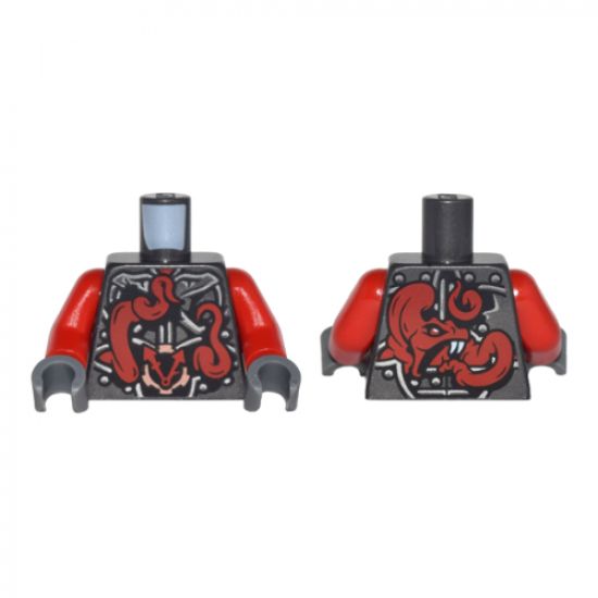 Torso Ninjago Metallic Silver Armor with Clock and Large Red Snake with White Fangs on Back Pattern / Red Arms / Dark Bluish Gray Hands