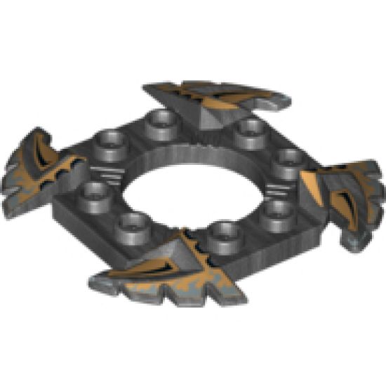 Ring 4 x 4 with 2 x 2 Hole and 4 Serrated Ends with Black and Pearl Gold Pattern (Ninjago Spinner Crown)